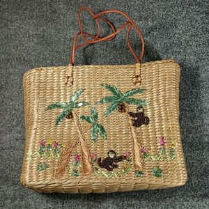 Vintage Straw Crossbody Bag Embroidered Palm Tree Monkey Tropical Purse
